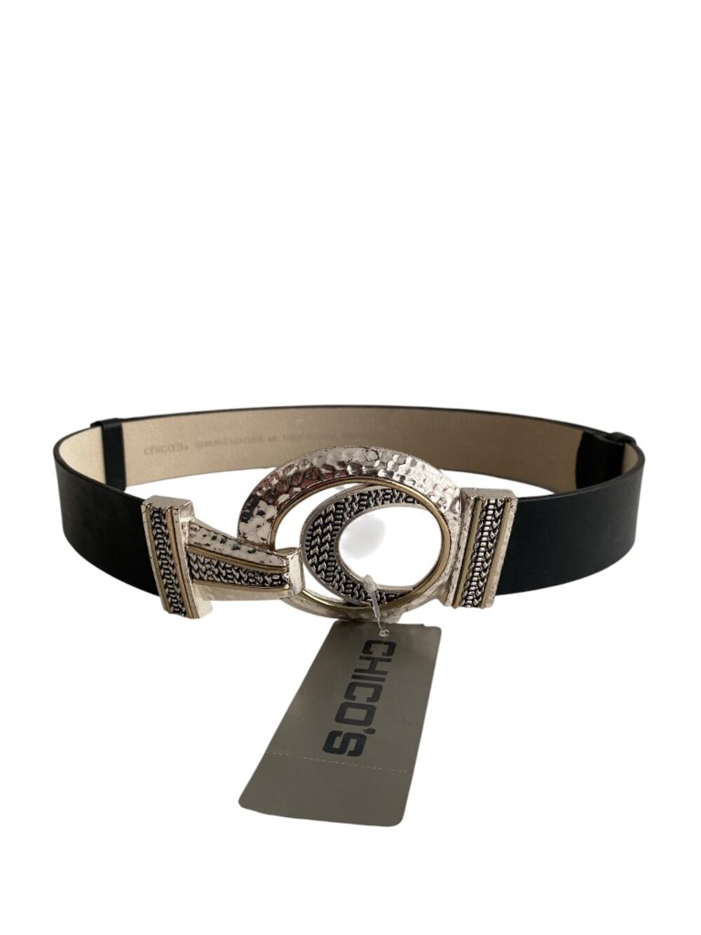NWT Chico's Double Circle Interlock Boho-Chic Black Leather Belt M/L